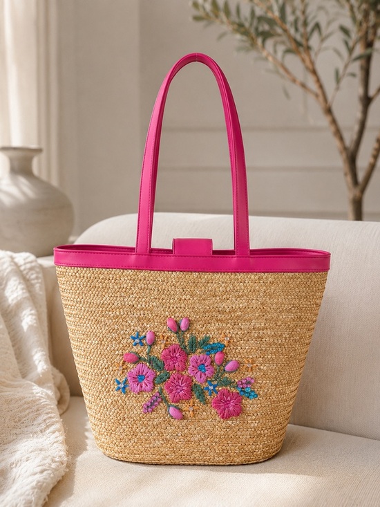White Stag Handbags - Straw Tote Bag Pink Floral Embroidered Beach Purse Boho Summer Shoulder Bag